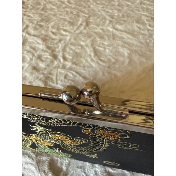 Mini Tiny Vintage Black Satin Brocade Evening Purse Metal Handle & Clasp Closure - Picture 10 of 16